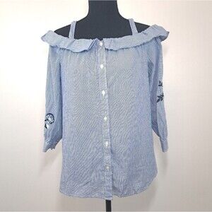 Ann Taylor LOFT Cotton Off Shoulder Striped Embroidered Ruffled Top Blouse